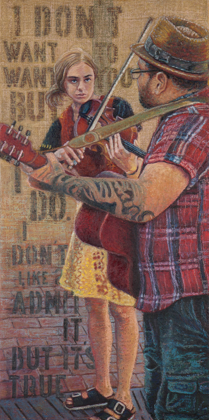 Damn Fine String Band oil pastel on burlap by Megan Morgan street performer art print