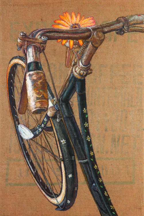 Pearl Street Bicycle oil pastel on burlap by Megan Morgan vintage bicycle art print