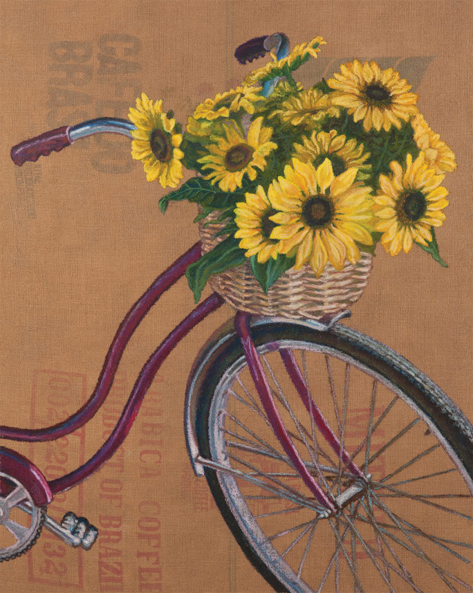 Sunflower Bicycle oil pastel on burlap by Megan Morgan classic Schwinn Art Print