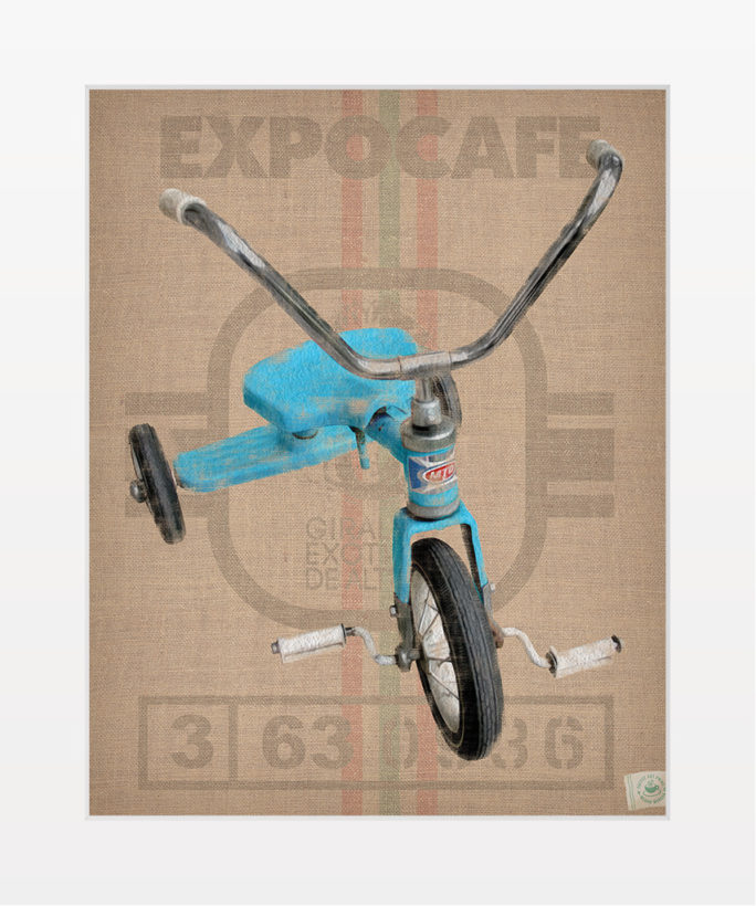 Blue Trike digital composition by Megan Morgan tricycle artwork archival matted print