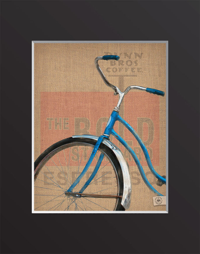 Bold Espresso Bicycle digital composition by Megan Morgan art small matted print (black)