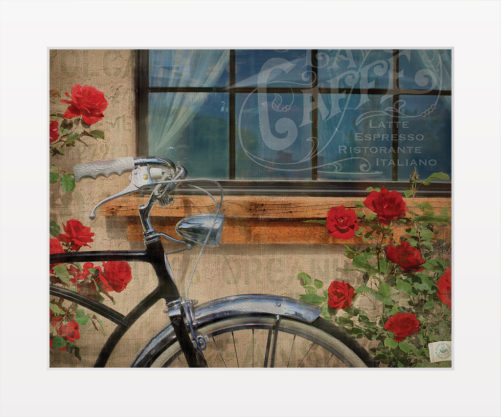 Caffe Italiano digital composition by Megan Morgan flowers bicycle art arhival matted print