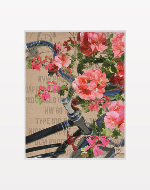 Geranium Bicycle digital composition by Megan Morgan art small matted print (white)