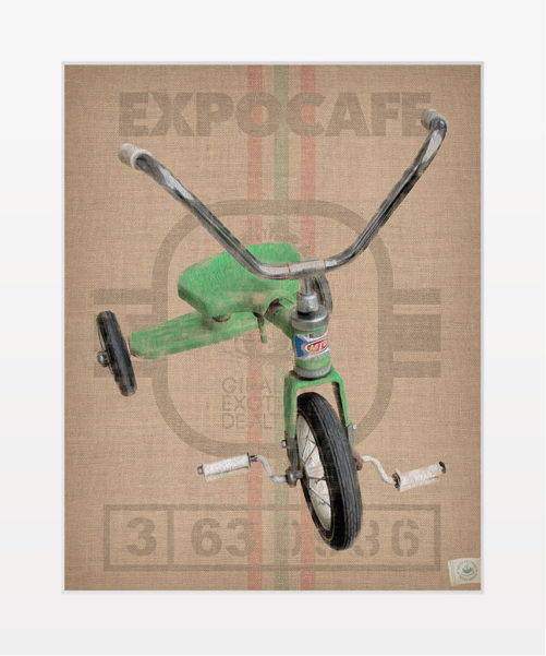 Green Trike digital composition by Megan Morgan tricycle artwork archival matted print