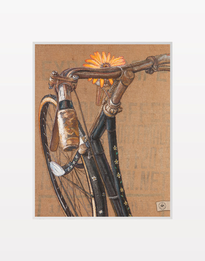 Pearl Street Bicycle Oil Past on Burlap by Megan Morgan artwork small matted print (white)