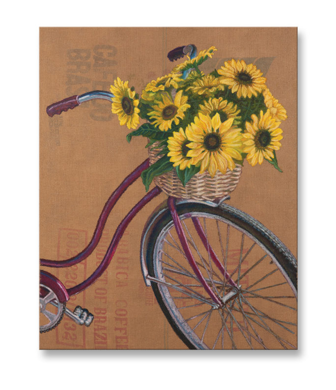 Sunflower Bicycle oil pastel on burlap by Megan Morgan flower bicycle art