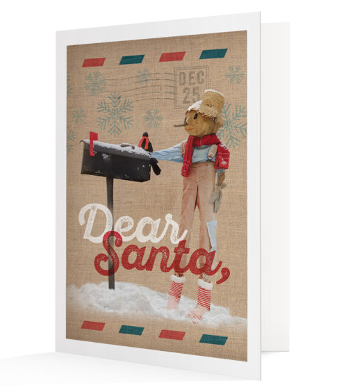 Vertical Display of "Dear Santa Scarecrow" artwork holiday card