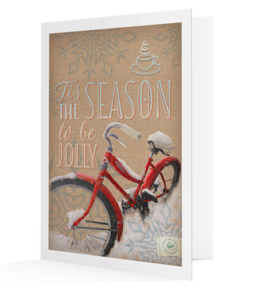 "First Snow Bicycle" artwork holiday card vertical standing display