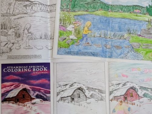 Collage of blank and colored coloring illustrations from Steamboat Springs Coloring Book